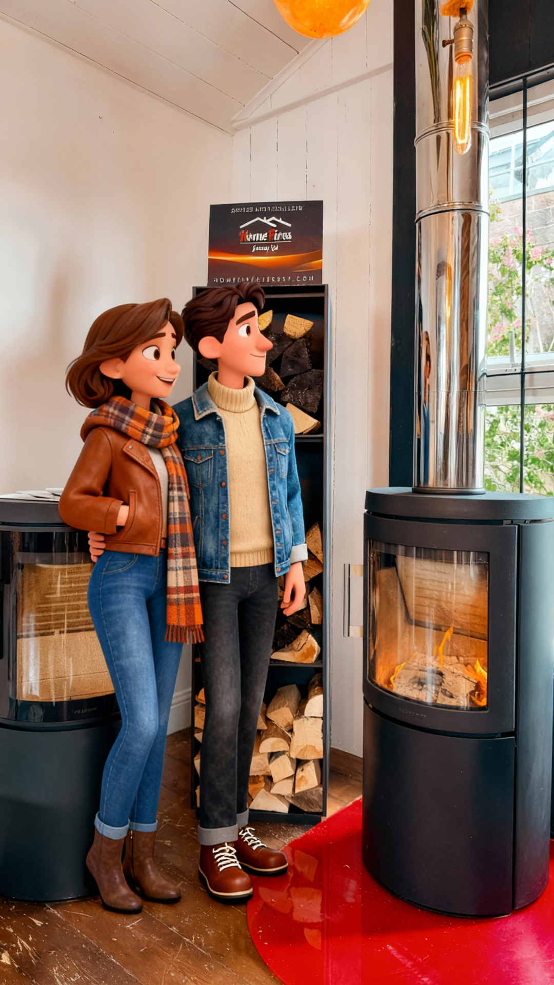 Couple admiring their wood burning stove in showroom