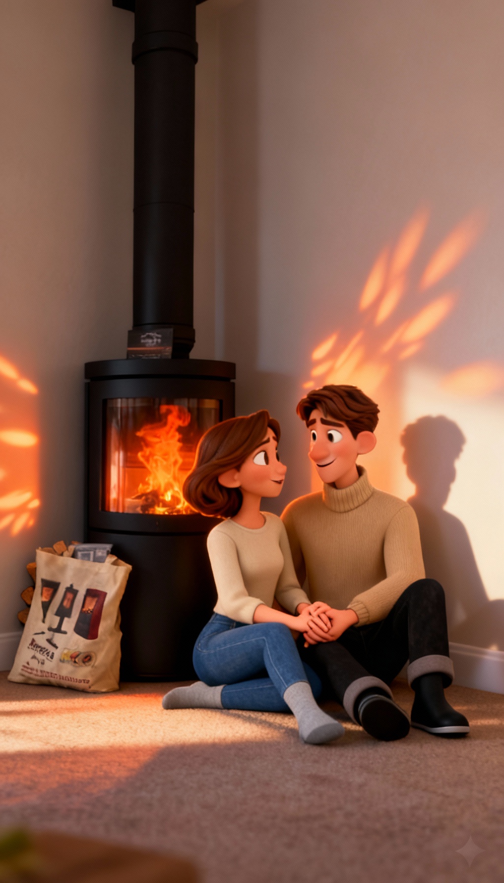 Couple sitting together by a warm fireplace